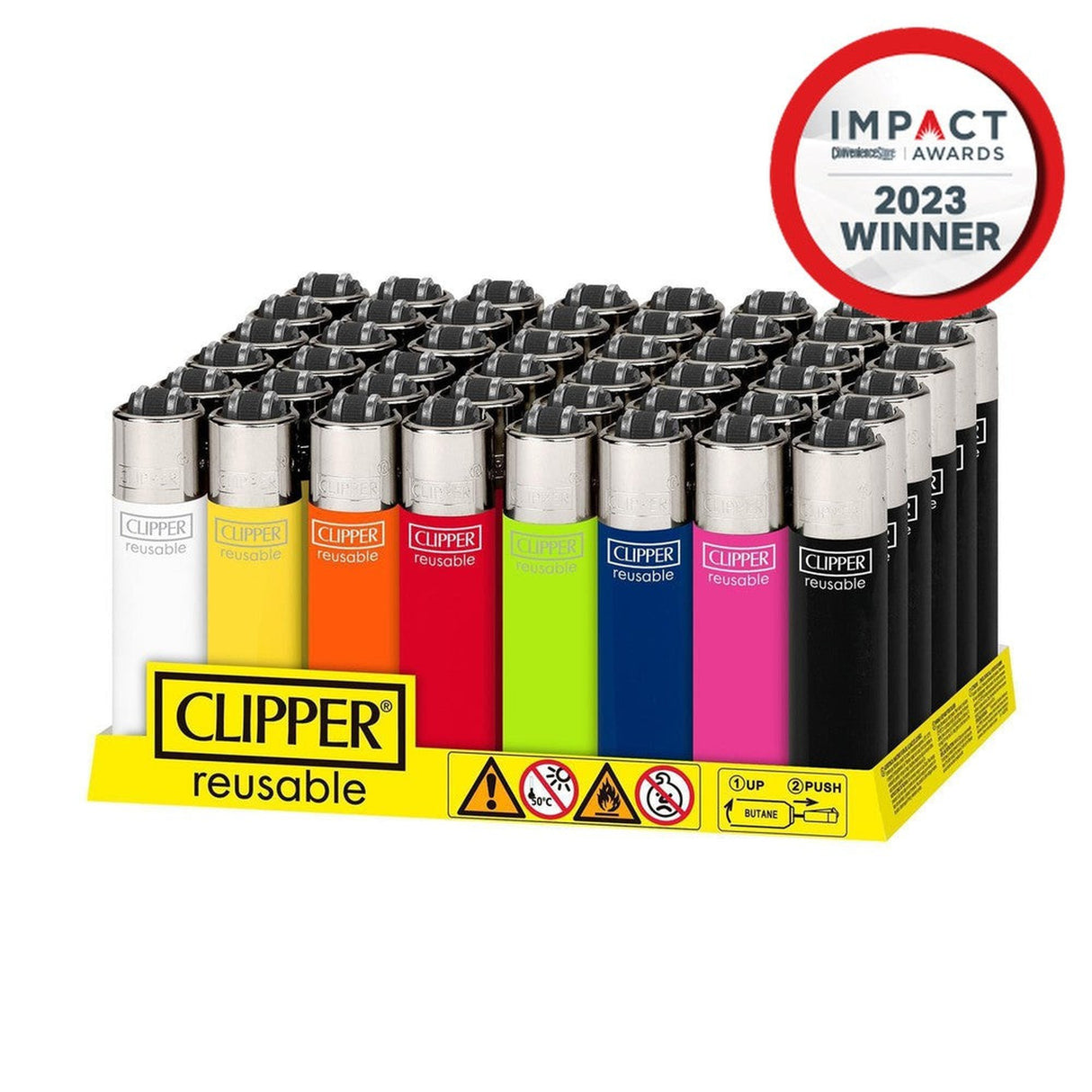 Classic Mini Reusable Lighter - Solid Assorted Colours - 48 Pack displayed in a yellow box, showcasing their compact design and practical features.