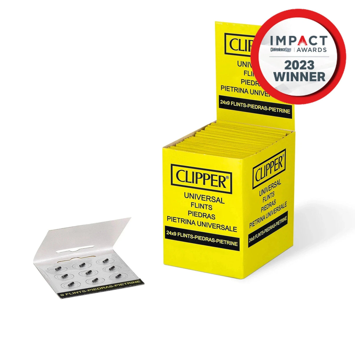 Refillable Flint Systems Blister - 12 Pack, featuring a yellow box with black text, designed for use with flint-based ignition systems for reliable performance.