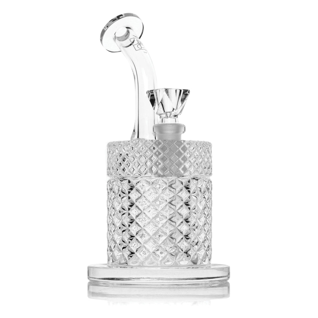 Twenties Collection Bubbler, a 7.5 borosilicate glass pipe with a diamond-cut cylindrical chamber, bent neck mouthpiece, and stable base, showcasing ergonomic and versatile design.