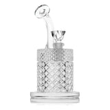 Twenties Collection Bubbler, a 7.5 borosilicate glass pipe with a diamond-cut cylindrical chamber, bent neck mouthpiece, and stable base, showcasing ergonomic and versatile design.