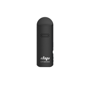 Aster Flower Vaporizer by Dip Devices: a sleek, matte black pocket-sized gadget with grille and logo. Designed for cannabis enthusiasts seeking precision and affordability.