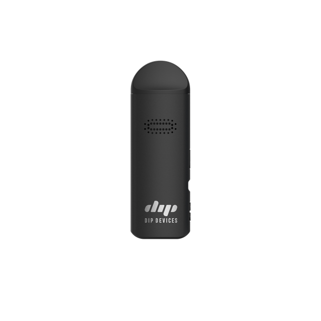 Aster Flower Vaporizer by Dip Devices: a sleek, matte black pocket-sized gadget with grille and logo. Designed for cannabis enthusiasts seeking precision and affordability.