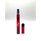 Lunar Dab Pen: Red vape kit featuring a cylindrical battery with push-button and a threaded top, accompanied by a matching pod for smooth, portable dabbing.