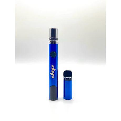 Lunar Dab Pen components: sleek blue battery with firing button and cutouts alongside a matching mouthpiece, showcasing minimalist design and portability.