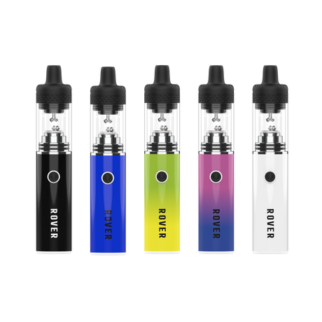 Rover Dab Pen: Five identical vape pens with clear tanks, single firing buttons, offering a portable dab rig experience with even heating and optimized airflow.