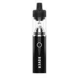 Rover Dab Pen featuring a matte black body, a clear glass tank with metal pearls, and a black mouthpiece, designed for a portable dab rig experience.