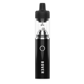 Rover Dab Pen featuring a matte black body, a clear glass tank with metal pearls, and a black mouthpiece, designed for a portable dab rig experience.