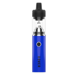 Rover Dab Pen, a sleek vaporizer with a black mouthpiece, transparent tank, firing button, and blue ROVER labeled battery, for a portable dab rig experience.