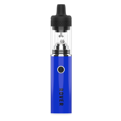 Rover Dab Pen, a sleek vaporizer with a black mouthpiece, transparent tank, firing button, and blue ROVER labeled battery, for a portable dab rig experience.