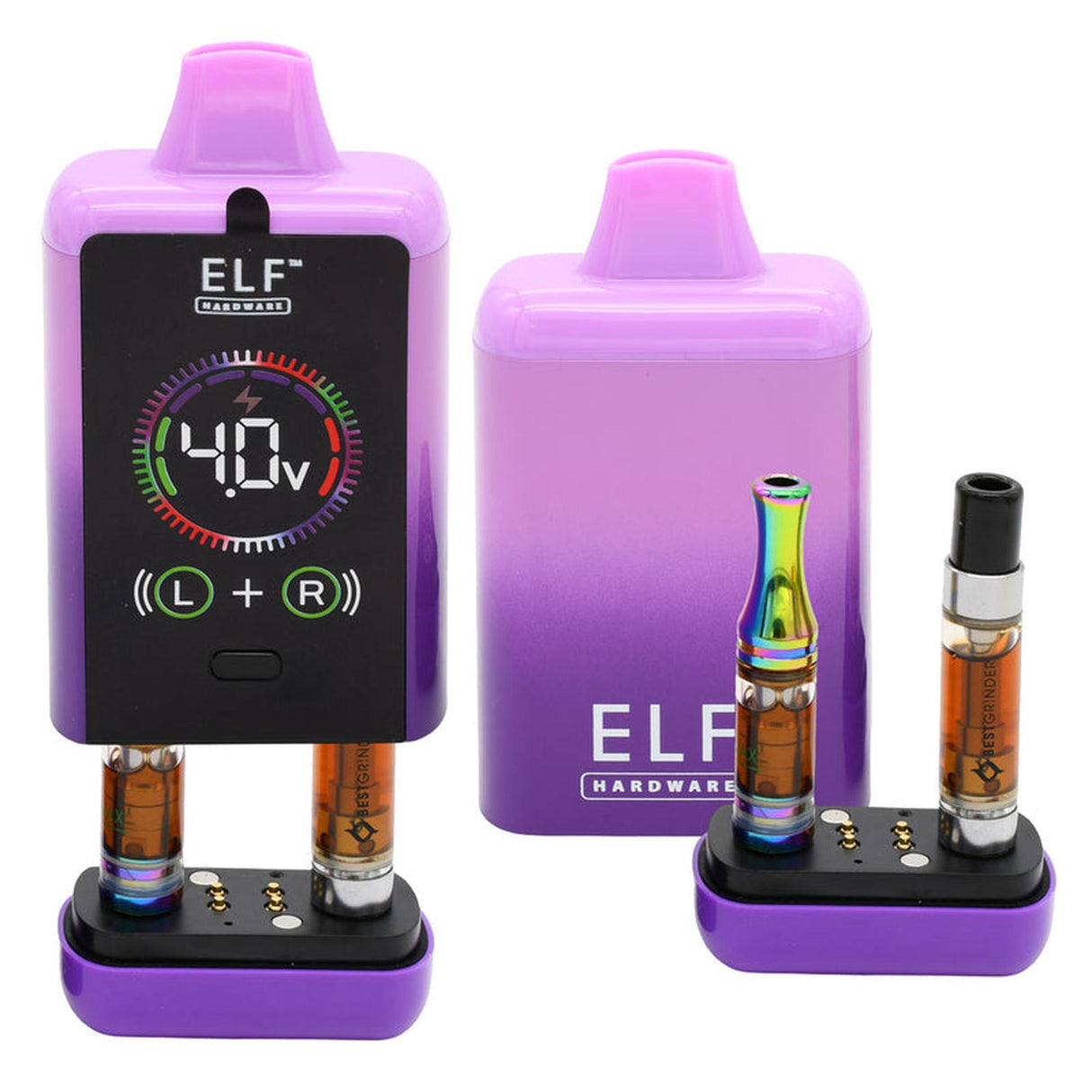 ELF CannDual PRO Dual 510 Thread Battery Concealer; compact device with two tubes, ideal for dual-cartridge vaping, featured in a carton of 10 units.