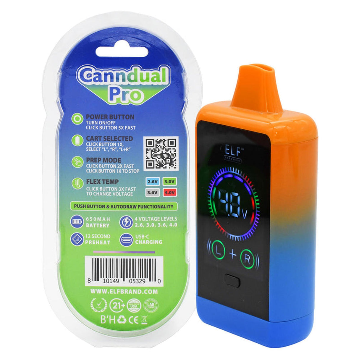 ELF CannDual PRO Dual 510 Thread Battery Concealer with digital display and packaging, featuring dual cartridge compatibility and sleek design, available in a carton of 10.