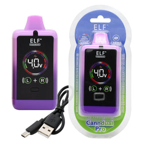ELF CannDual PRO Dual 510 Thread Battery Concealer, featuring a black display with USB cable, supports dual cartridges for versatile vaping. Includes carton of 10 units.