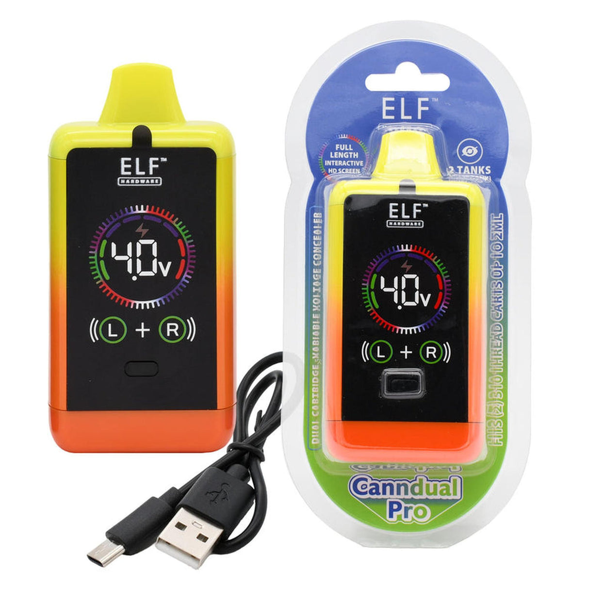 ELF CannDual PRO Dual 510 Thread Battery Concealer in retail packaging, featuring dual cartridge compatibility and four voltage settings, ideal for vape stores.