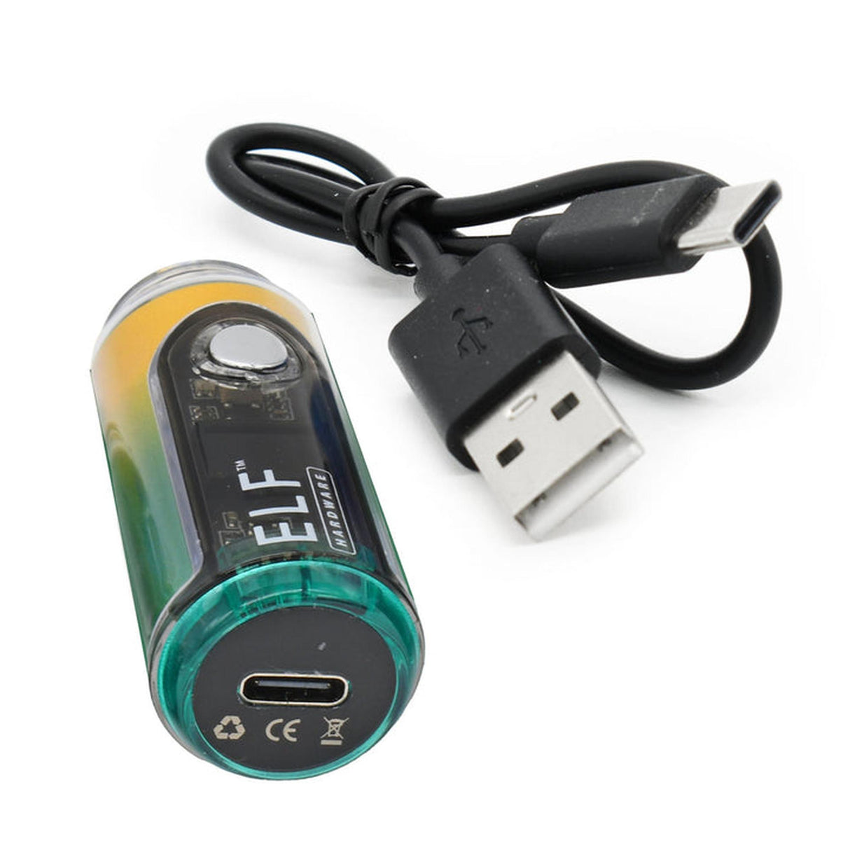 Close-up of the ELF Canndy 510 Thread Mini Battery, highlighting its USB-C port and compact design for customizable vaping.