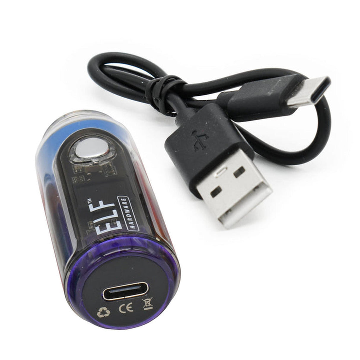 Close-up of the ELF Canndy 510 Thread Mini Battery, highlighting the USB-C port and sleek design, ideal for customizable vaping with variable voltage settings.