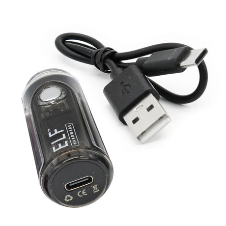 ELF Canndy 510 Thread Mini Battery, a sleek black electronic device with USB-C port, ideal for customized vaping with variable voltage and rapid charging.