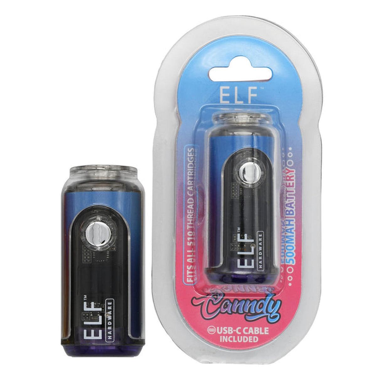 ELF Canndy 510 Thread Mini Battery in packaging, showcasing its sleek, compact design with USB-C port, ideal for customized vaping with adjustable voltage settings.