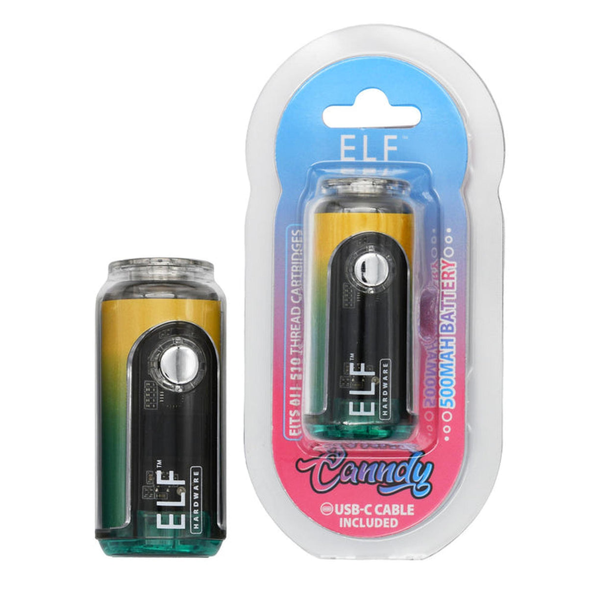 ELF Canndy 510 Thread Mini Battery in packaging, showcasing a compact design with a visible digital display, emphasizing its sleek, pocket-friendly size.