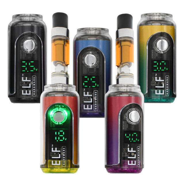 ELF Canndy 510 Thread Mini Battery displayed among colorful devices, featuring a digital screen and compact design, ideal for customizable vaping experiences.