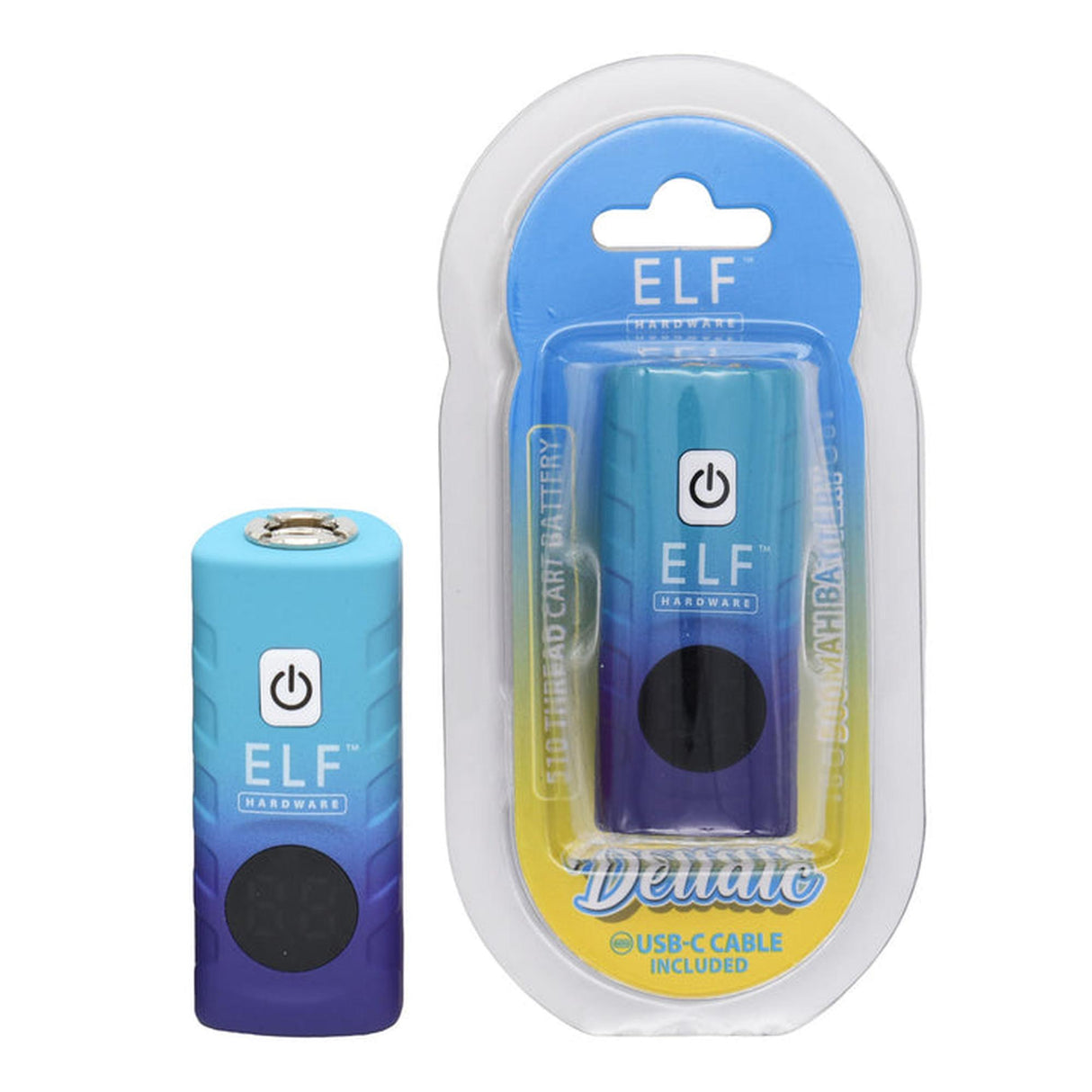 ELF Deltaic 510 Thread Battery in a clear package, showcasing its compact design, suitable for 510-thread cartridges, with key features like variable voltage and rapid charging.
