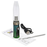 Gnome Dome Mini Vape Rig For Dabs kit includes vaporizer with glass mouthpiece, USB-C cable, metal dab tool, and instruction sheet for versatile concentrate use.