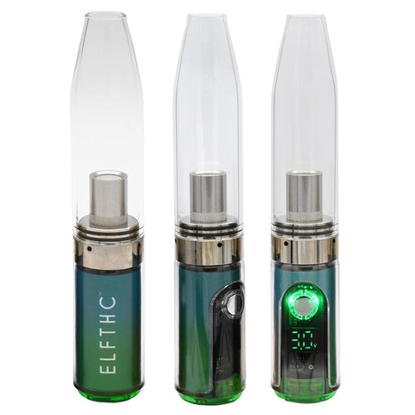 Gnome Dome Mini Vape Rig for Dabs with glass mouthpiece, showing front, side, and rear views of the compact dual-use e-rig and 510 cart battery.