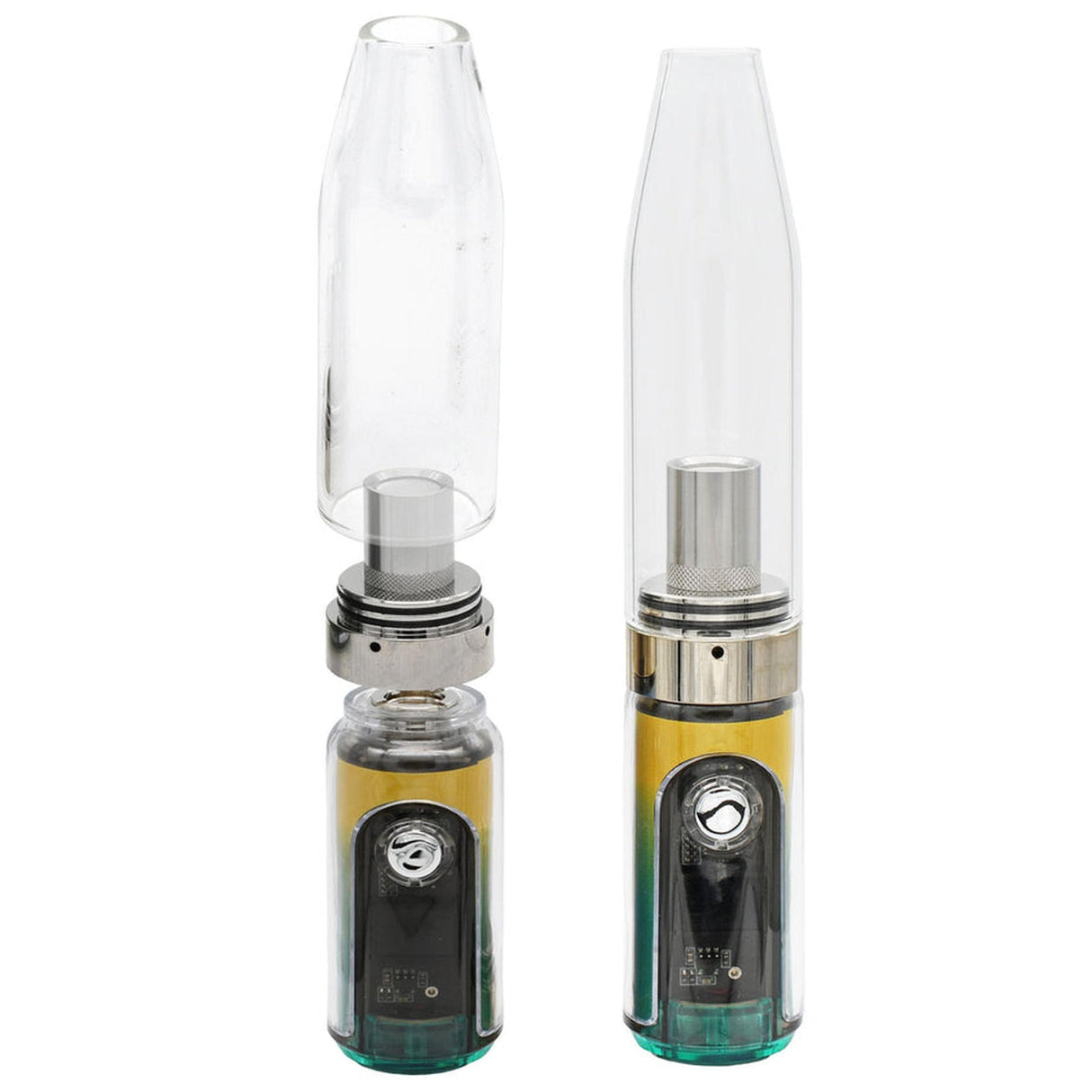 Gnome Dome Mini Vape Rig For Dabs, showcasing assembled and disassembled units, highlighting the compact design with battery, atomizer, and removable glass chamber.