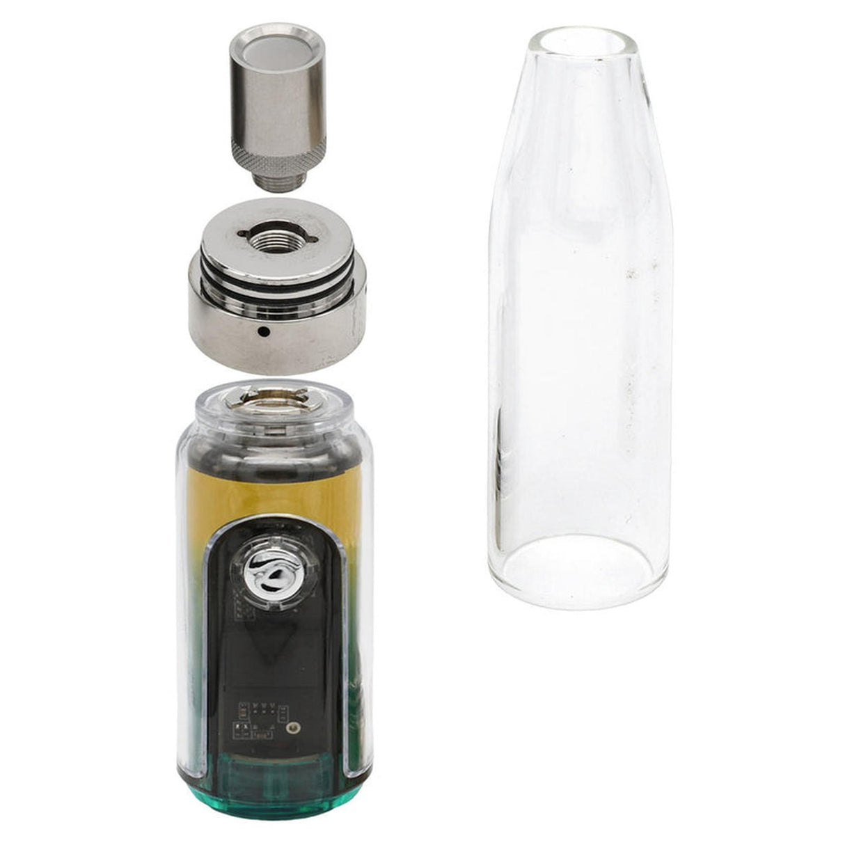 Gnome Dome Mini Vape Rig components: clear glass tank, mod with visible circuitry, threaded base, and metal mouthpiece, ready for assembly as a versatile e-cigarette unit.