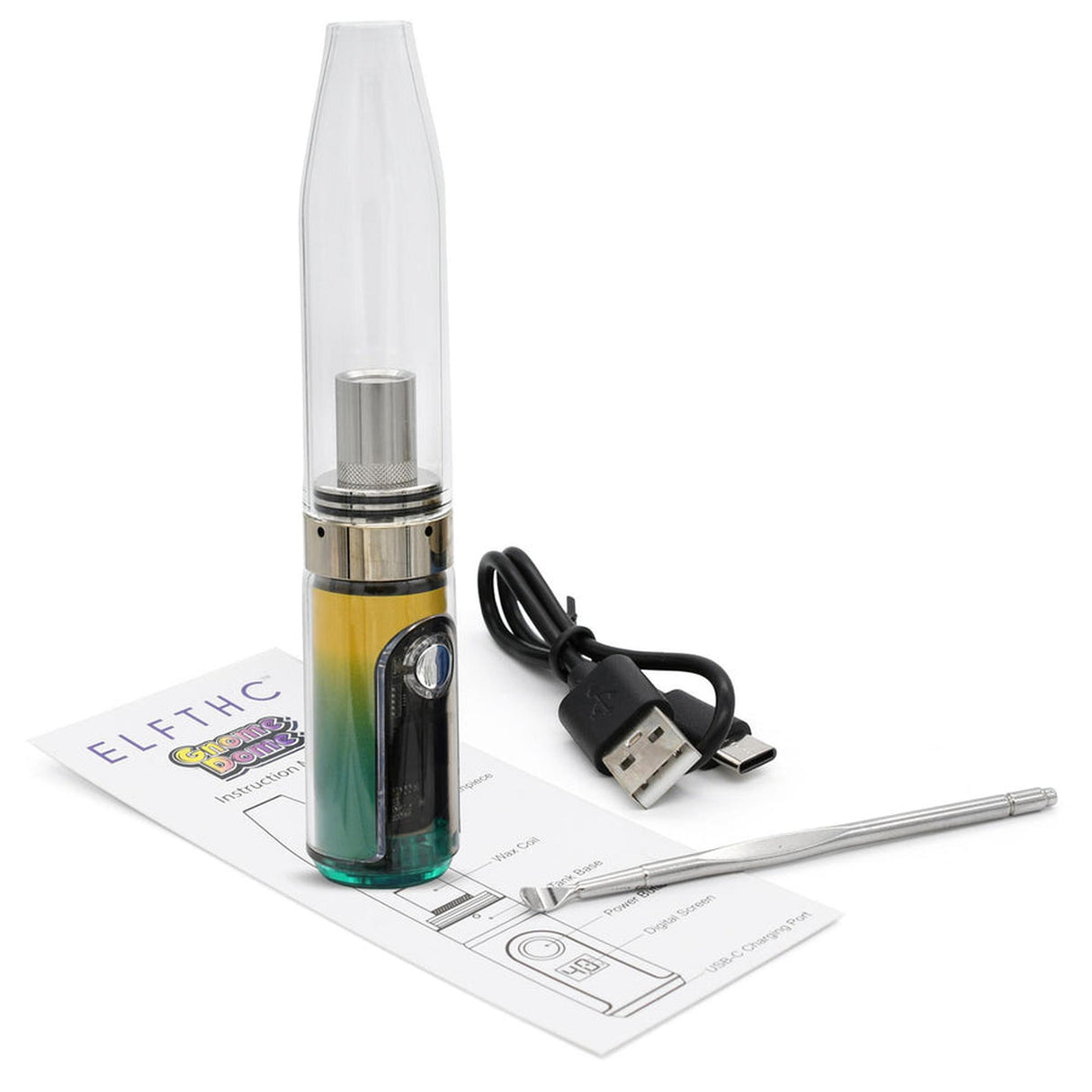 Gnome Dome Mini Vape Rig for Dabs with mouthpiece, USB-C cable, dab tool, and instruction manual, showcasing its compact design and dual-use functionality.