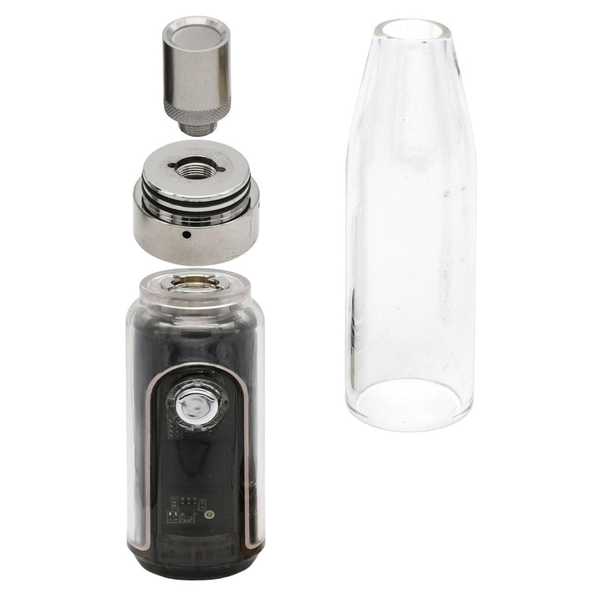 Gnome Dome Mini Vape Rig disassembled: includes battery/mod body, atomizer base, coil head, spare glass tank; compact dual-use design for wax and 510 carts.