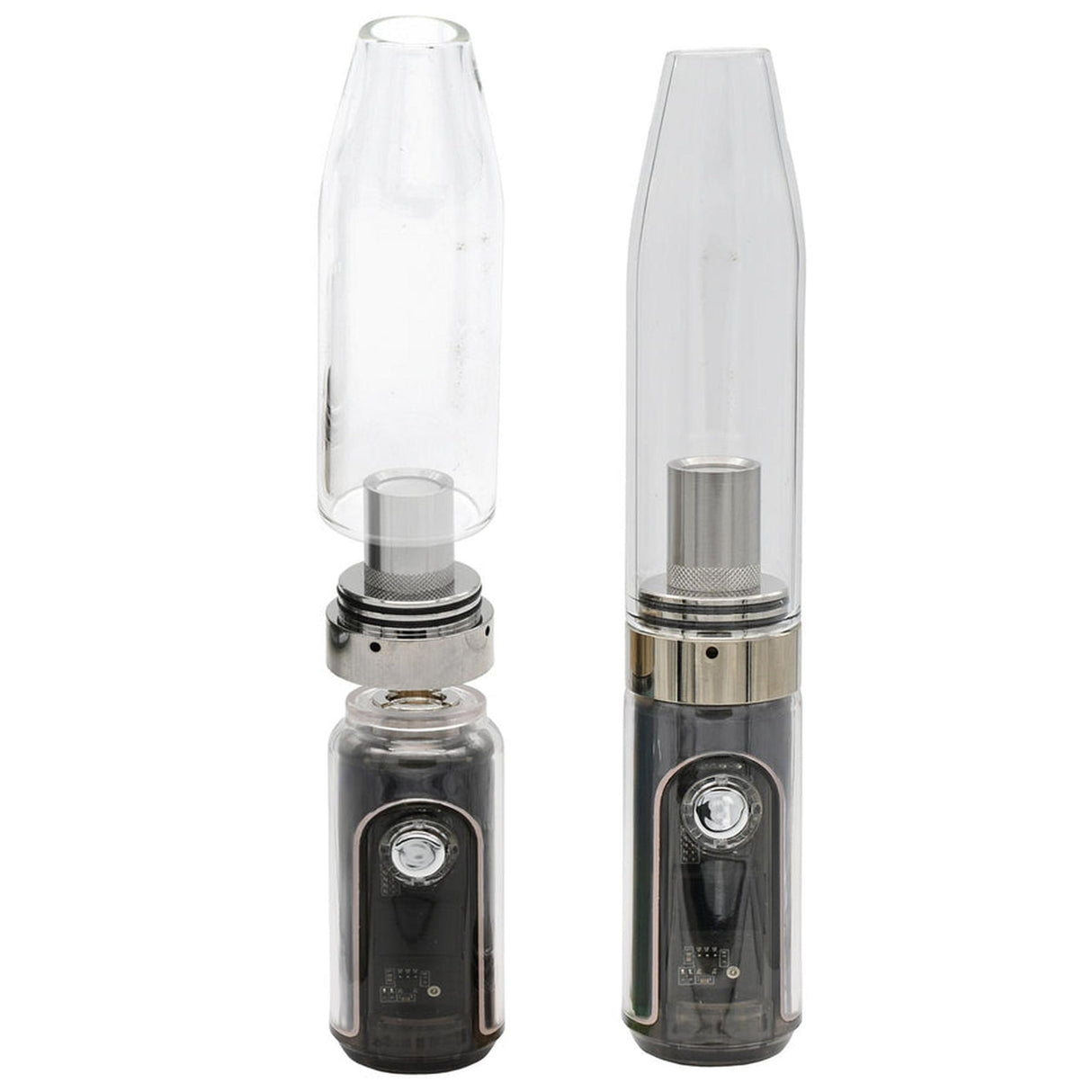 Gnome Dome Mini Vape Rig showcasing dual-use design with glass bubbler attachment, one lifted and one secured, highlighting its compact, versatile e-rig and 510 battery functionality.