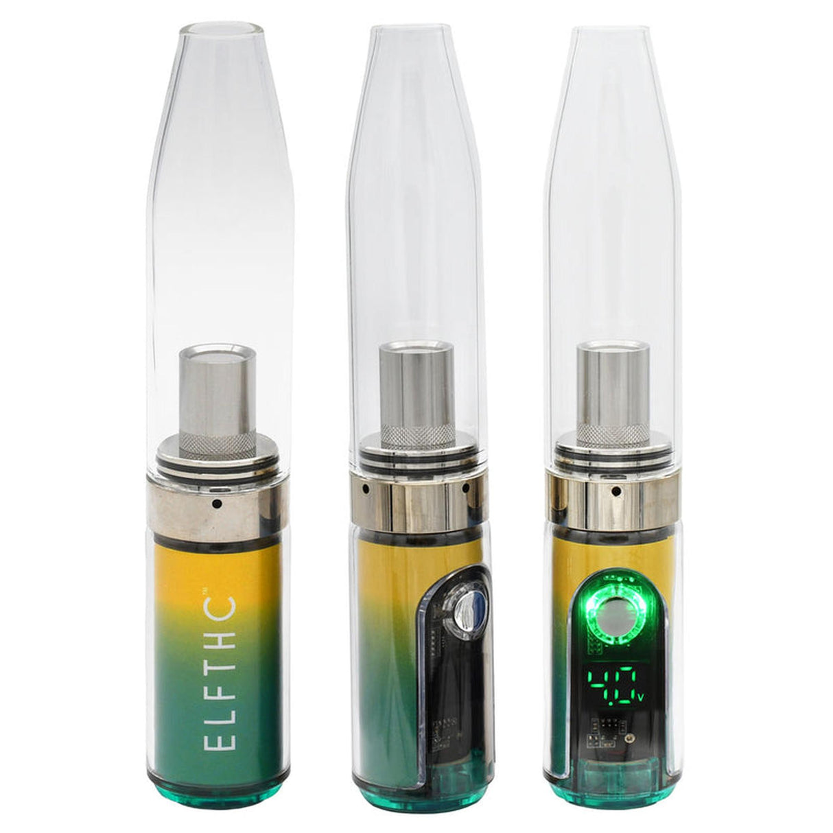 Gnome Dome Mini Vape Rig for Dabs, showcasing front, side, and display views; features glass mouthpiece, metal chamber, and ELFTHC-branded battery with 4.7V display.