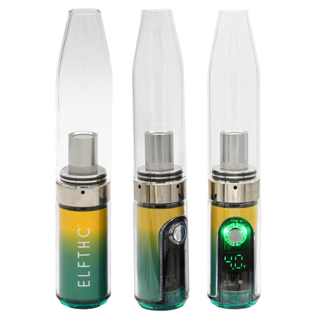 Gnome Dome Mini Vape Rig for Dabs, showcasing front, side, and display views; features glass mouthpiece, metal chamber, and ELFTHC-branded battery with 4.7V display.