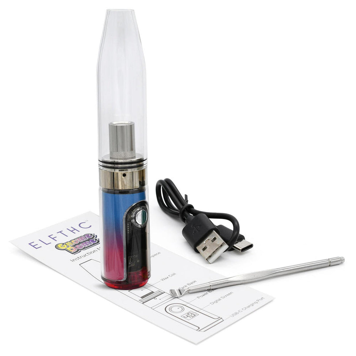 Gnome Dome Mini Vape Rig For Dabs - Blue & Red, a compact, versatile e-rig featuring a removable glass chamber and USB-C charging, ideal for both wax and 510 cartridges.