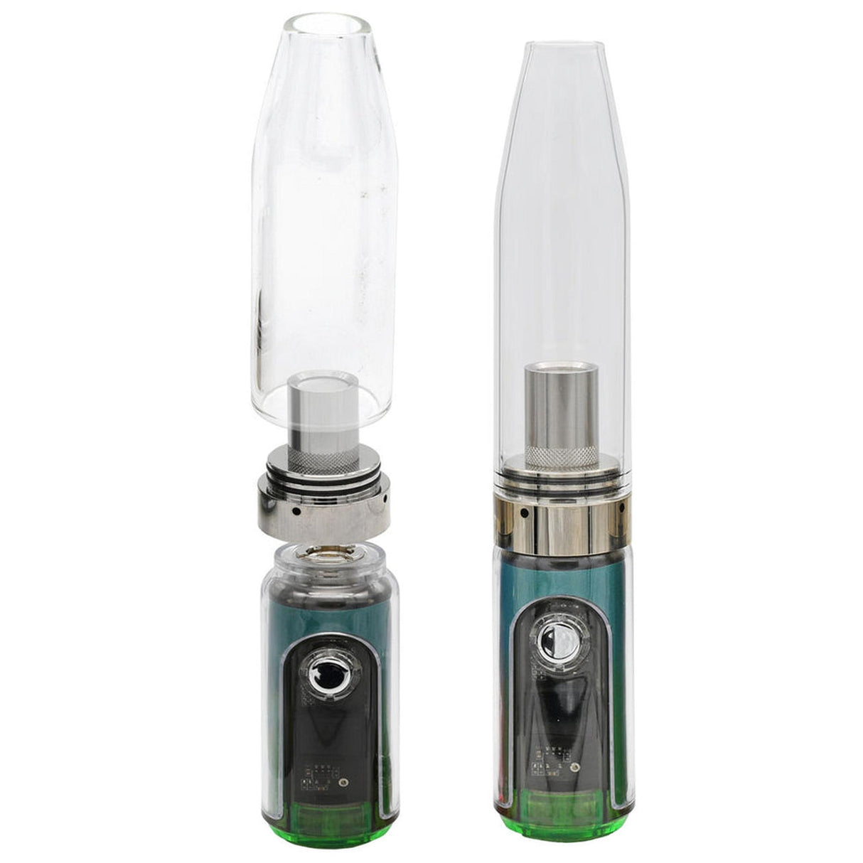 Gnome Dome Mini Vape Rig with detachable glass bubbler, shown assembled and disassembled, highlighting its compact, dual-use design for concentrates and 510 cartridges.