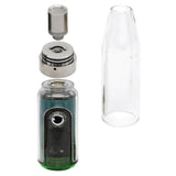 Gnome Dome Mini Vape Rig components: drip-tip, atomizer deck, battery with display, and spare glass tank sleeve, designed for wax and 510 cartridges.