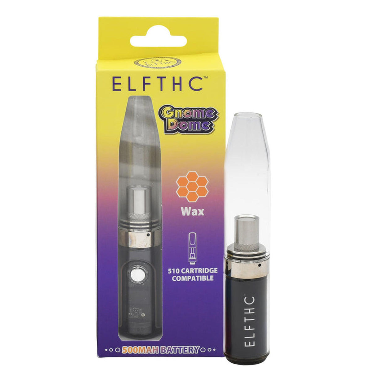 Gnome Dome Mini Vape Rig For Dabs package and sleek vaporizer battery with a clear dome mouthpiece, designed for wax concentrates and 510 cartridges.