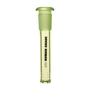 Color Downstem - 14MM - 4: A green-tinted glass downstem for water pipes, featuring HUMAN GRADE text, ground glass joint, and three diffusion slits.
