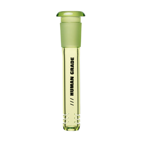Color Downstem - 14MM - 4: A green-tinted glass downstem for water pipes, featuring HUMAN GRADE text, ground glass joint, and three diffusion slits.