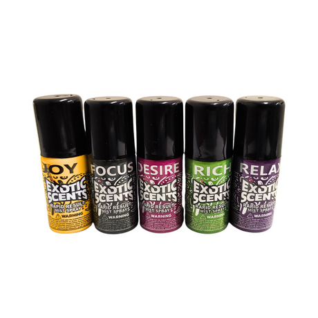 Five Rapid Result Mist Spray - 2nd Edition bottles: JOY, FOCUS, DESIRE, RICH, RELAX. Compact, odor-neutralizing sprays for versatile use in various settings.