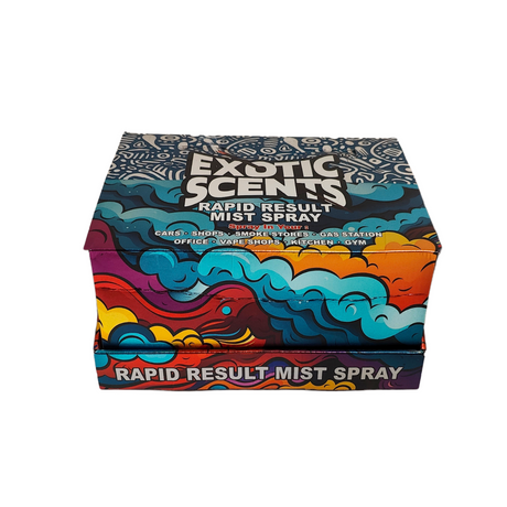 Rapid Result Mist Spray - 2nd Edition displayed in a retail box, designed for quick odor control in various settings, featuring compact, travel-friendly bottles.