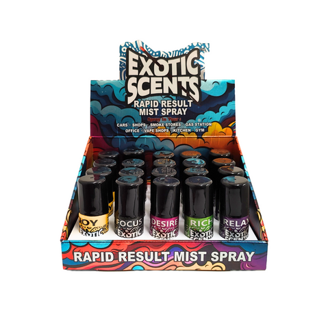 Countertop display of Rapid Result Mist Spray - 2nd Edition, featuring compact bottles labeled Joy, Focus, Desire, Rich, and Relax for odor-neutralizing in various settings.