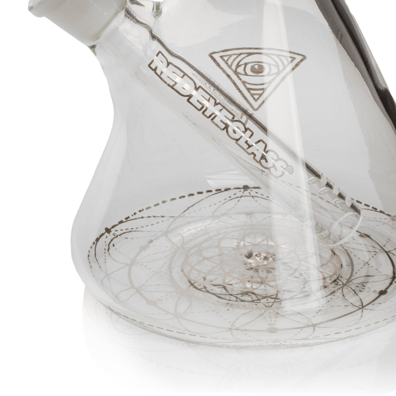 12 Tall Sacred Geometry Beaker Base Bong features a clear glass design with etched geometric patterns, REDEYEGLASS logo on the downstem, and a wide, stable base.