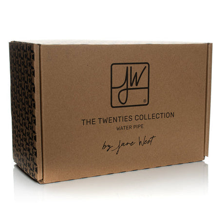 Jane West Twenties Collection Bubbler retail box, featuring the “JW” logo and product details, highlighting its premium borosilicate glass design and functionality.