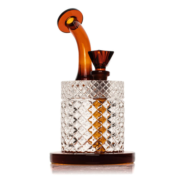 Twenties Collection Bubbler, a 7.5 glass water-pipe, featuring an amber base, clear diamond-cut mid-section, and ergonomic design for versatile use.