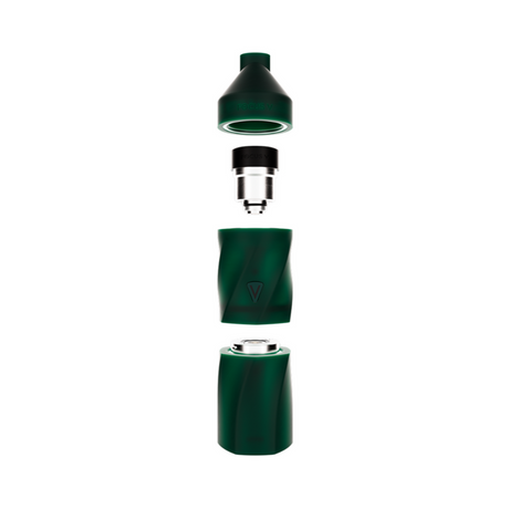 Exploded view of AERIS Colorway Portable E-Rig Kit, displaying detachable mouthpiece, heating chamber, upper and lower molded body housing with connectors and battery contacts.