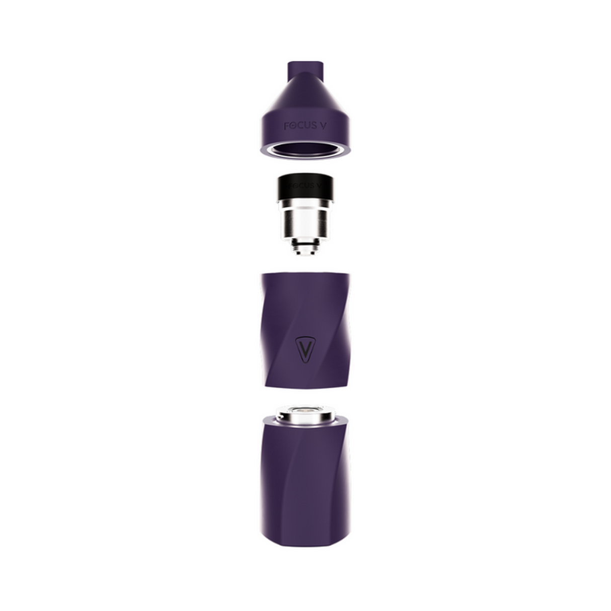 AERIS Colorway Portable E-Rig Kit disassembled; features purple mouthpiece, stainless-steel atomizer, and dual purple battery segments, showcasing modular design for compact dabbing convenience.