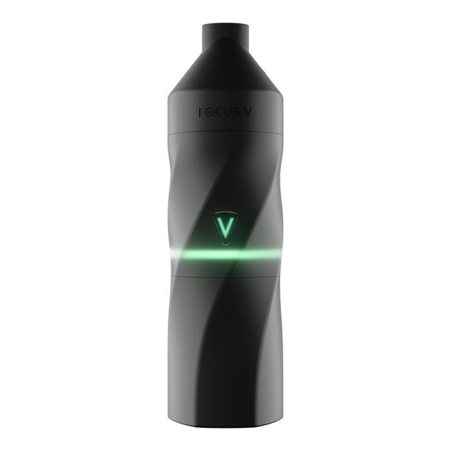 AERIS Portable E-Rig Kit: A black, cylindrical Focus V vaporizer featuring a V button and green LED, designed for convenient, robust dabbing on-the-go.