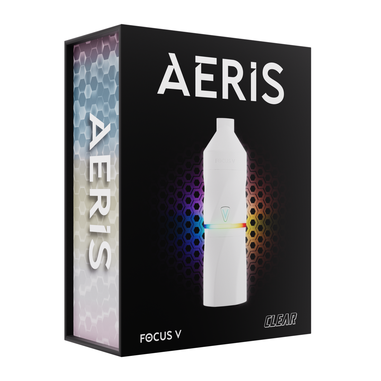 AERIS Portable E-Rig Kit by Focus V, featuring a sleek pen-style vaporizer with RGB light band, on a stylish package with branding and honeycomb motif.