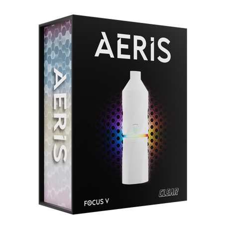 AERIS Portable E-Rig Kit by Focus V, featuring a sleek pen-style vaporizer with RGB light band, on a stylish package with branding and honeycomb motif.